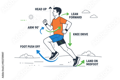 Stride and posture analysis scene. Runner mid-stride on outdoor trail with overlay arrows indicating correct form and movement, calm and instructive mood.