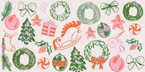 Hand drawn christmas decorations including wreaths ornaments and a reindeer