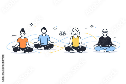 Modern meditation concept. Several people sit separately yet connected by soft abstract lines, representing shared mindfulness and collective presence. The