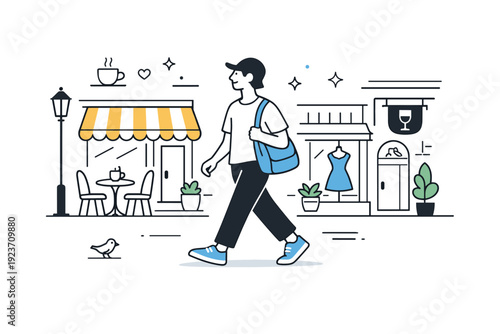 Wandering city streets. A relaxed figure strolls past cafes and storefronts with light architectural details. The mood suggests slow travel and enjoying urban