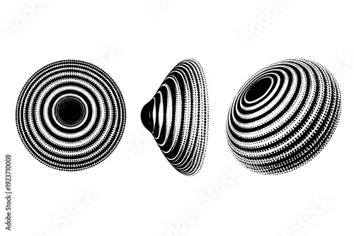 Concentric dot wave burst object shown in three views including front view, side view, and three-quarter view emphasizing rhythmic rings and volumetric