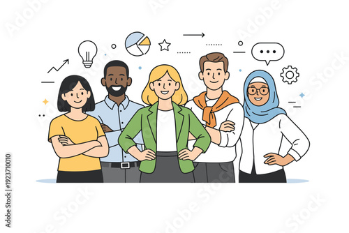 Diverse team portrait. A smiling team stands together, arms crossed or hands on hips, representing unity and collaboration, with subtle geometric shapes and