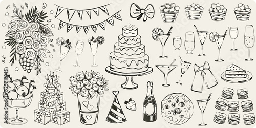 A collection of hand drawn celebratory elements cakes flowers and party accessories
