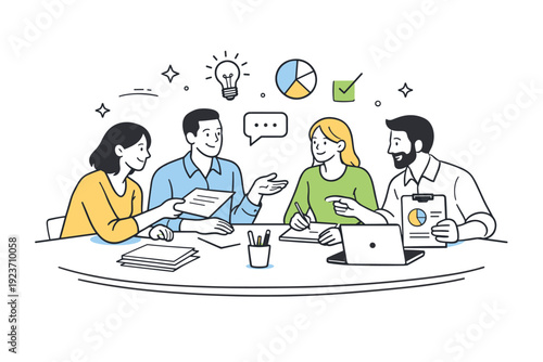 Workplace solidarity teamwork. A clean scene with coworkers collaborating around a table, exchanging ideas and documents in a calm and focused way. The