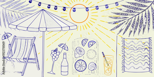 Summer scene with a beach umbrella chair and outdoor dining elements