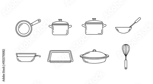 Outline Kitchen Cookware Icons: Pots, Pans, Whisk, Baking Dish, Ladle