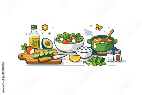 Spring cooking centered on fresh vegetables and herbs arranged on a small kitchen surface, expressing light seasonal meals and renewed energy. The scene feels