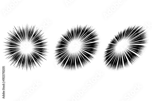 Halftone radiating light rays, a single circular light ray object presented in flat front view, slight tilt view, and three-quarter angled view as an object