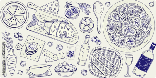 A charming sketch of a bountiful food arrangement with seafood and produce