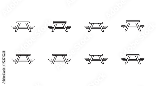 Picnic Table Icons Set, Simple Line Art, Outdoor Furniture Collection