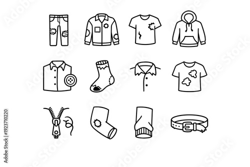 Worn Clothing Icons. Worn clothing. Line icon set of Worn clothing: ripped jeans, patched jacket, torn t-shirt, faded hoodie, missing button, threadbare sock,