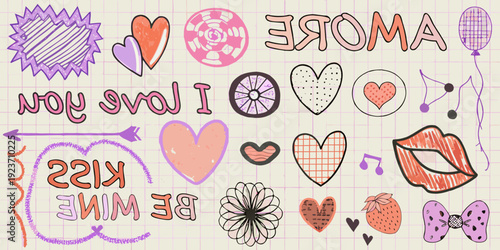 Colorful hand drawn doodles of hearts lips and playful text elements