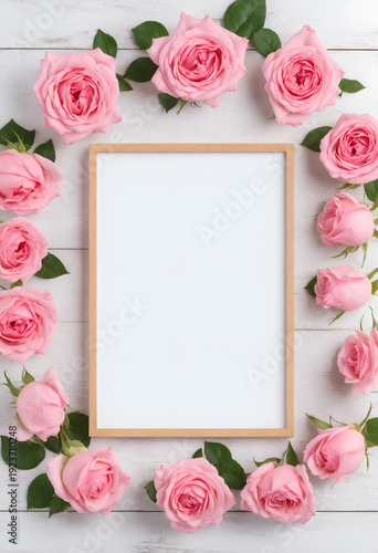 Pink rose flowers with empty photo frame.