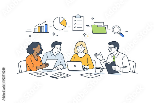 Human resources team meeting. A group of HR professionals sitting around a table, reviewing documents and discussing strategies, abstract