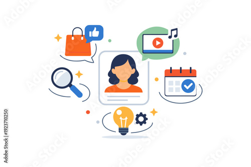 Real-Time Personalization focused on predictive recommendations and smart assistance. A friendly scene with suggestion icons appearing naturally around a user