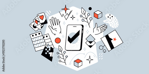 A playful illustration featuring a smartphone amidst various game and object icons