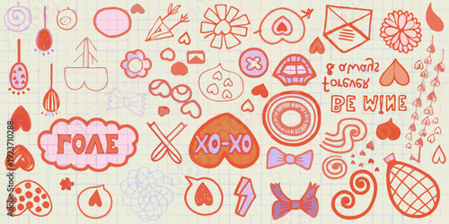 Hand drawn doodles of hearts flowers and playful designs on lined paper