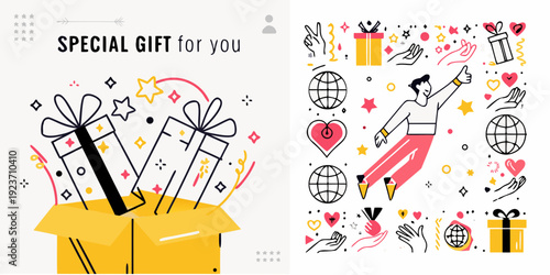 Colorful illustration depicting gifts celebration and a joyful moment