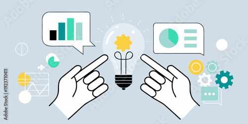 Hands pointing to a glowing lightbulb with data visualization elements