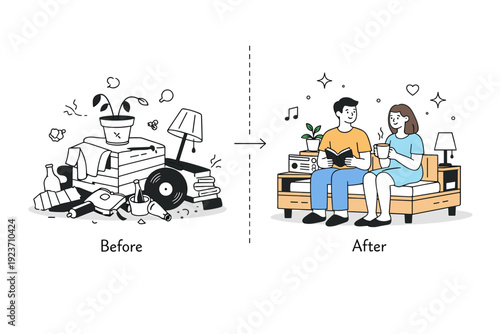 Sustainable upcycling. A before-and-after style editorial scene showing discarded objects on one side and a redesigned product on the other. Clear visual story