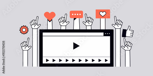 Hands reaching for social media icons and a video player screen