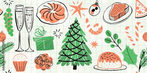 Festive holiday illustration featuring food drinks gifts and christmas elements