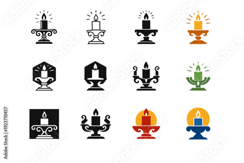 Candle centerpiece. Icon set. Set Logo of Candle centerpiece: candle on ornate pedestal with glow. harmonious logo variations of the same emblematic concept,