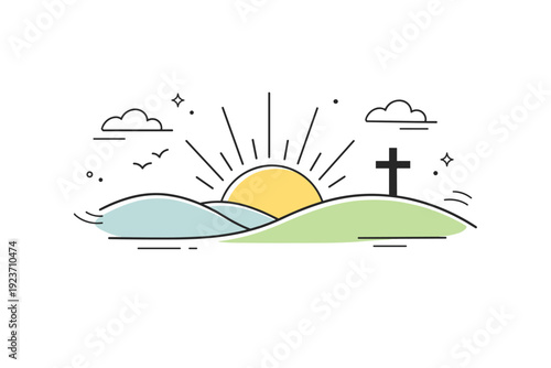 Resurrection morning. Editorial-style scene showing a sunrise behind rolling hills and a simple cross in the distance, symbolizing faith, light, and renewal.