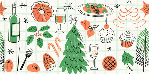Festive holiday doodles featuring food drinks and wintertime decorations