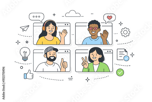 Remote team culture building. Distributed team members connecting through video calls, sharing smiles and casual gestures. Friendly digital collaboration with