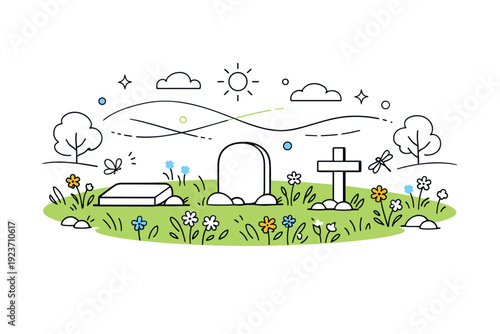 Natural burial meadow. A peaceful green field with wildflowers and spaced memorial markers, abstract floating dots and soft lines