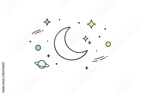 Cosmic night sky. Stars glowing softly around a simple moon shape, floating peacefully. Quiet dreamy mood with minimal celestial details. Minimalist flat