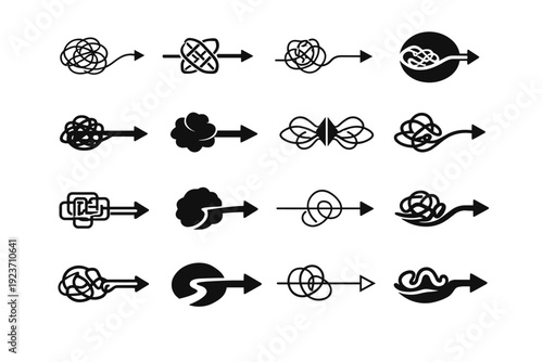 Navigating stress. Icon set. Set Logo of navigating stress: tangled lines to straight line. harmonious logo variations of the same emblematic concept, each