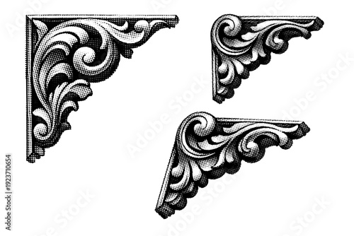 Decorative corner ornament designed as a single graphic object shown in front view, rotated view, and three-quarter angled view to display form consistency.