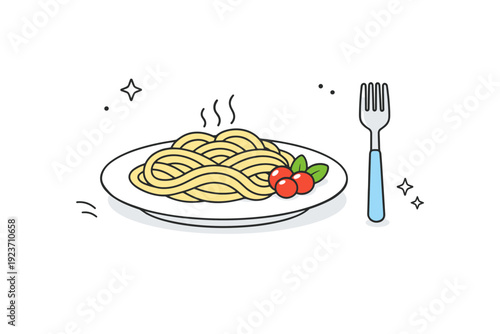 Easy home cooking. A simple plate with pasta or rice, a fork, and a small garnish, neatly arranged. The mood is calm, satisfying, and focused on everyday