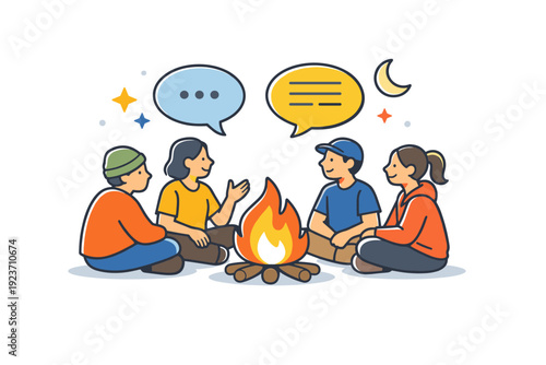 Campfire storytelling nights shown as a group gathered around a fire with gentle speech bubbles and star accents, expressing connection, oral tradition, and