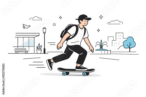 Skateboarding in urban plazas. Skater gliding smoothly across an open city square, clean architecture and wide space around. Sense of freedom, motion, and