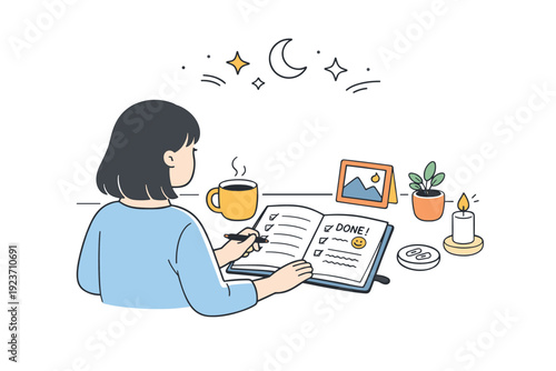 Daily planning. Evening reflection scene with a person reviewing completed tasks and notes. Calm closure of the day with soft decorative elements. Minimalist