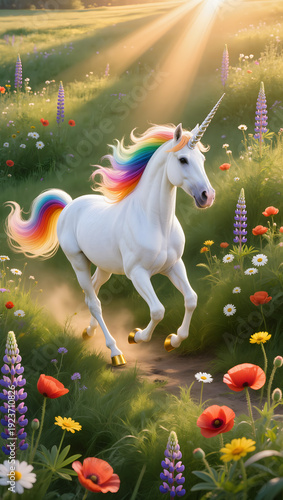 Majestic White Unicorn Running Through Wildflower Meadow with Rainbow Mane