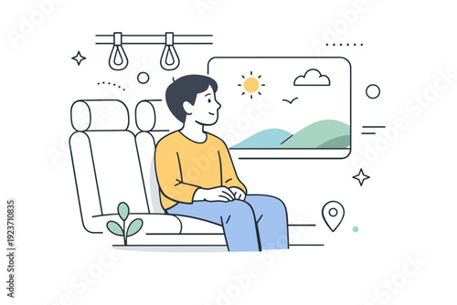 Mindful commuting without headphones. A person sitting quietly on public transport looking out the window, calmly observing their surroundings instead of using