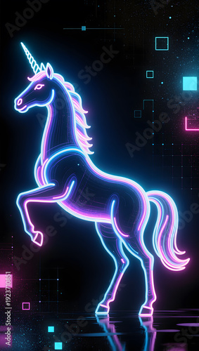 Majestic Neon Unicorn Silhouette with Glowing Blue and Pink Holographic Lines