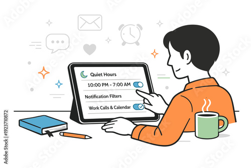 Healthy digital boundaries. A person sets quiet hours and notification filters on a tablet, with muted icons fading into the background. The mood is calm and