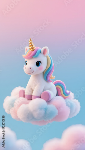 Cute Baby Unicorn Sitting on Pastel Cotton Candy Cloud 3D Illustration