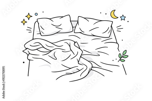 Wrinkled bedding impressions. An unmade bed shows soft creases and body-shaped impressions in sheets and pillows, suggesting recent rest without showing a