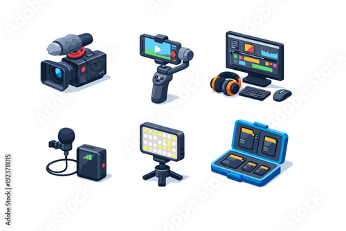 Content creation. Isometric flat vector icons set of content creation: vlogging camera, smartphone on gimbal, desktop editing setup, wireless microphone, LED