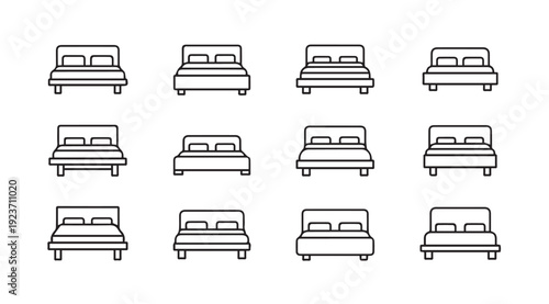 Set of Bed Icons, Various Styles, Line Art, Isolated on White Background