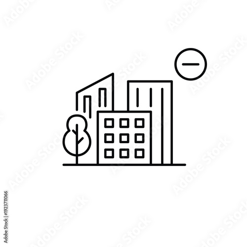 City and minus. Green tree and apartment buildings. Reduce urban load. Pixel perfect, editable stroke vector icon
