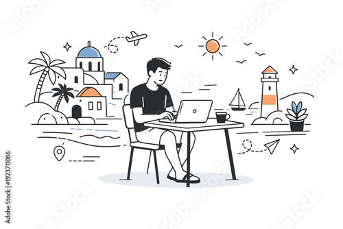 Digital nomad work in coastal towns. A relaxed workspace combining work and travel, laptop open with coastal architecture nearby. Freedom, flexibility, and