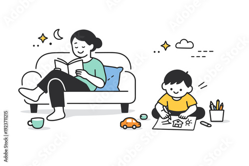 Shared space, different rhythms. A parent reading or resting while a child draws or plays beside them. Peaceful coexistence with parallel,