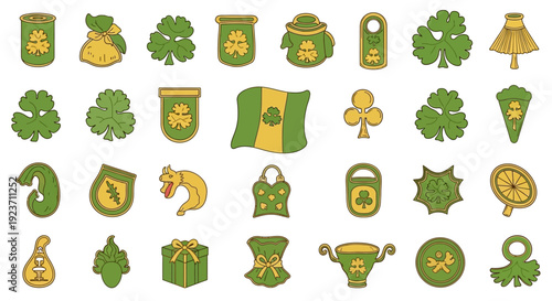 Collection of St. Patrick's Day icons featuring shamrocks, leprechauns, and Celtic symbols in a festive illustration.